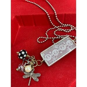 Vintage Dog Tag Charm Necklace 30" 1638 Handmade Pendant Firefly Lace Pearl